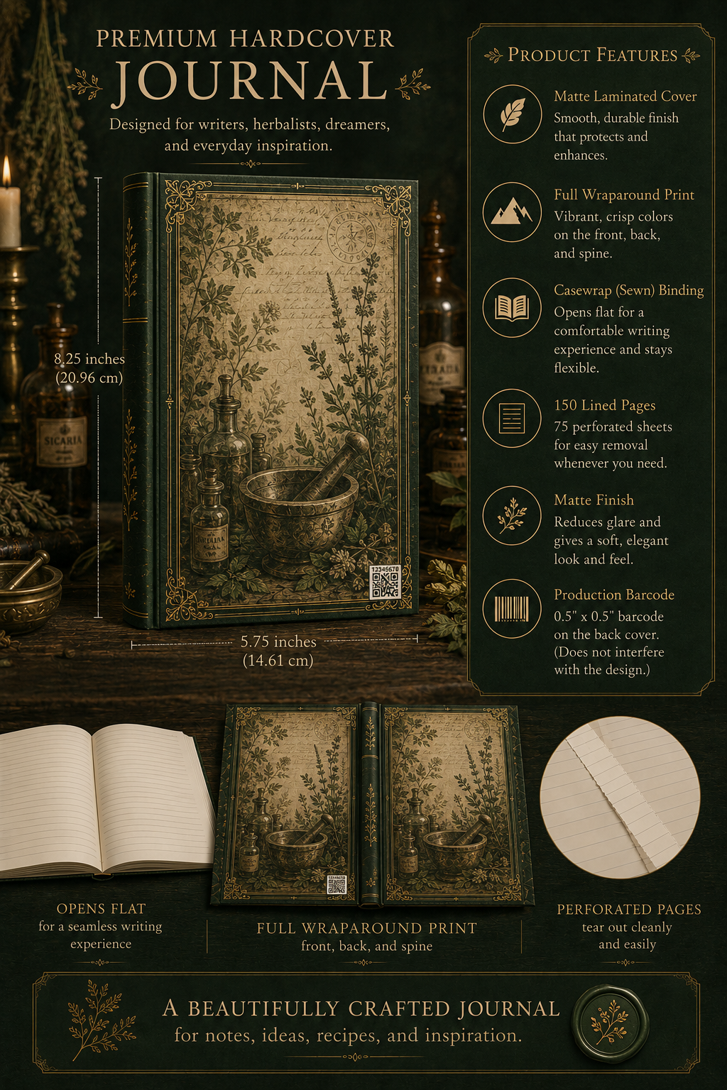 Apothecary Moonlit Stairway Journal – Personalized Vintage-Inspired Botanical Hardcover Notebook