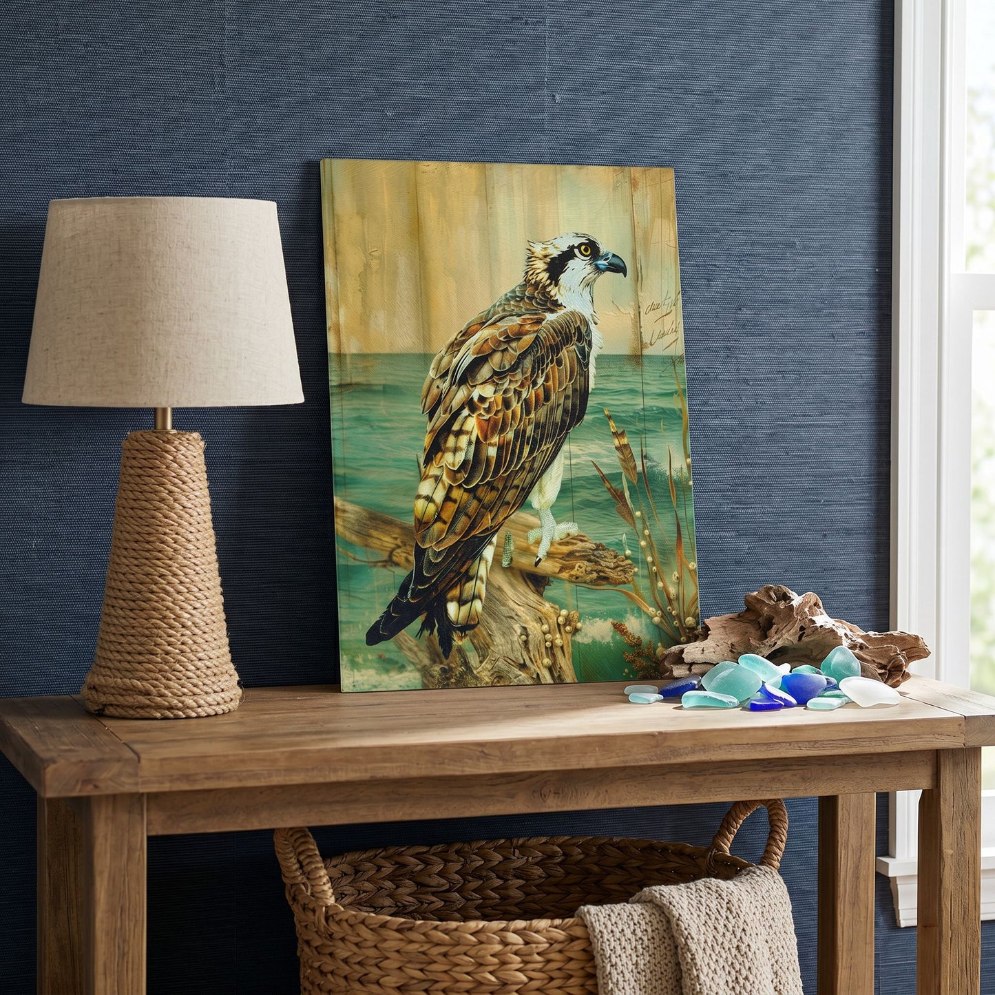 Osprey Glass Art Panel, Tempered Glass Coastal Decor, Beach House Accent