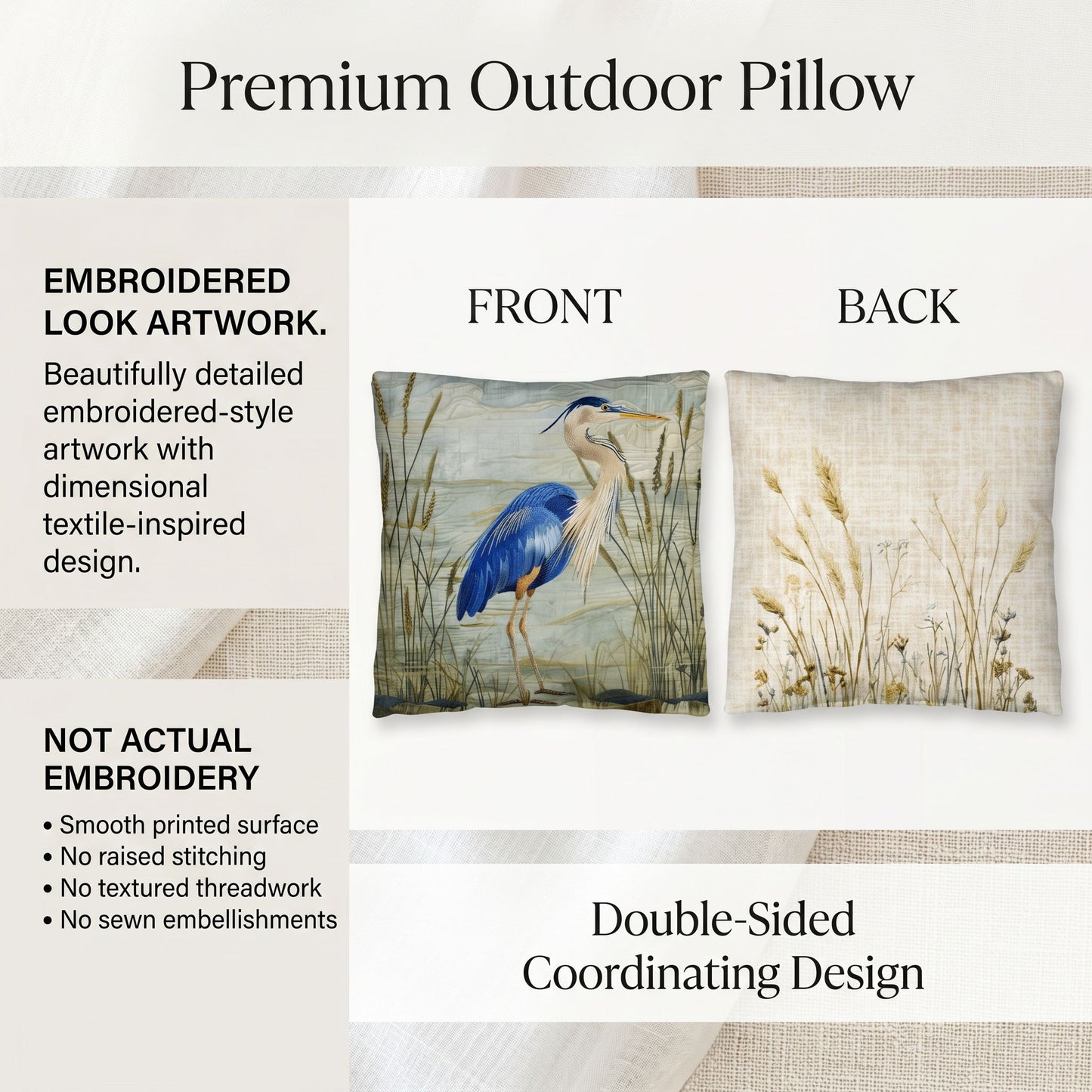 Outdoor Coastal Blue Heron Pillow – Reversible Premium Throw Cushion for Patio, Porch & Lake House