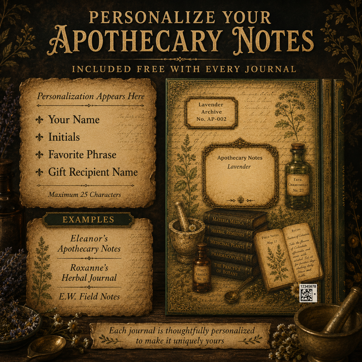 Calendula Journal, Personalized Herbal Journal, Apothecary Notebook, Botanical Writing Journal, Dark Academia Gift