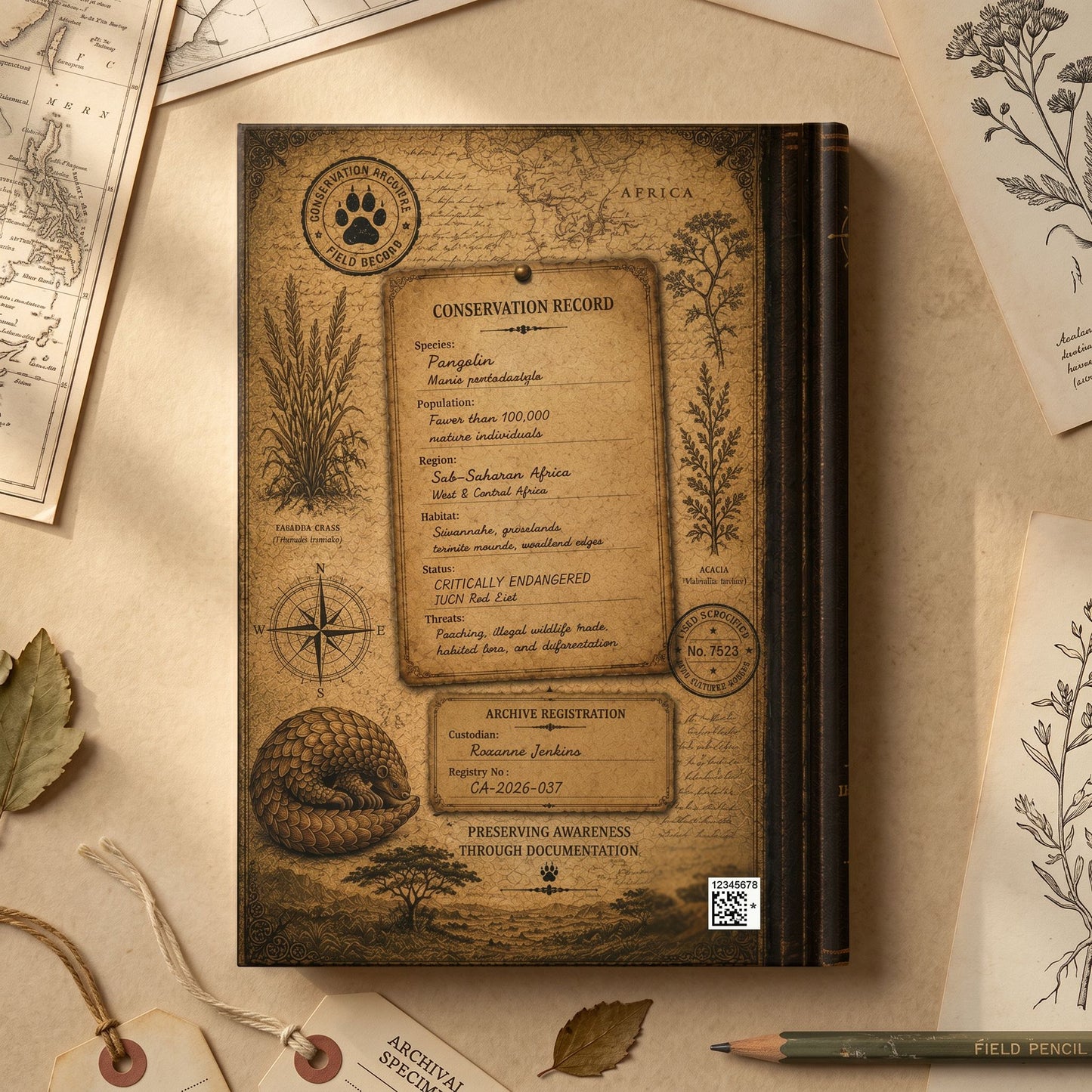 Pangolin Journal, Personalized Wildlife Notebook, Conservation Journal, Endangered Species Gift, Nature Lover Gift