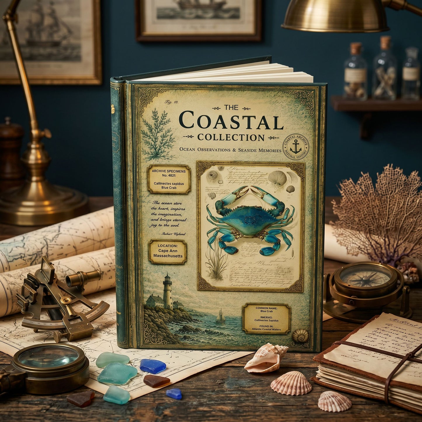 Blue Crab Coastal Journal, Personalized Nature Notebook, Natural History Journal, Beach Lover Gift, Hardcover Journal