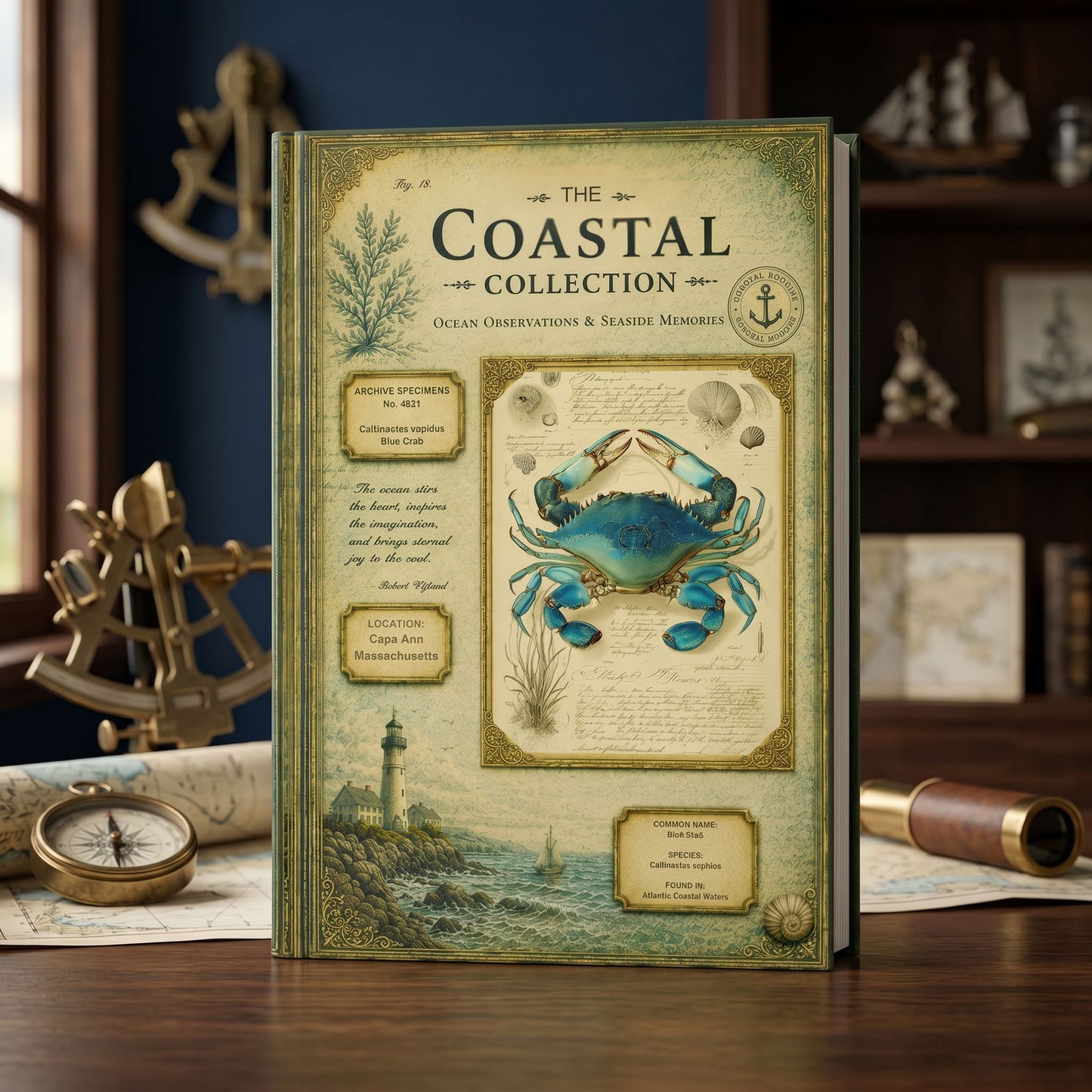 Blue Crab Coastal Journal, Personalized Nature Notebook, Natural History Journal, Beach Lover Gift, Hardcover Journal