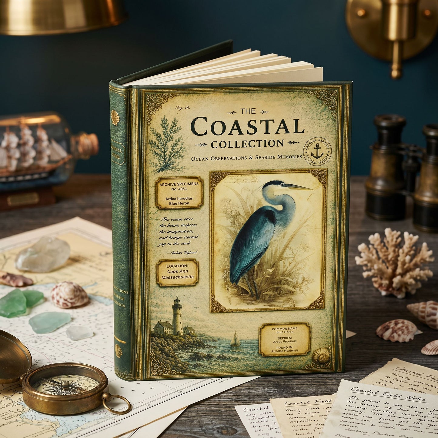 Blue Heron Coastal Journal, Personalized Nature Notebook, Natural History Journal, Bird Lover Gift, Hardcover Writing Journal