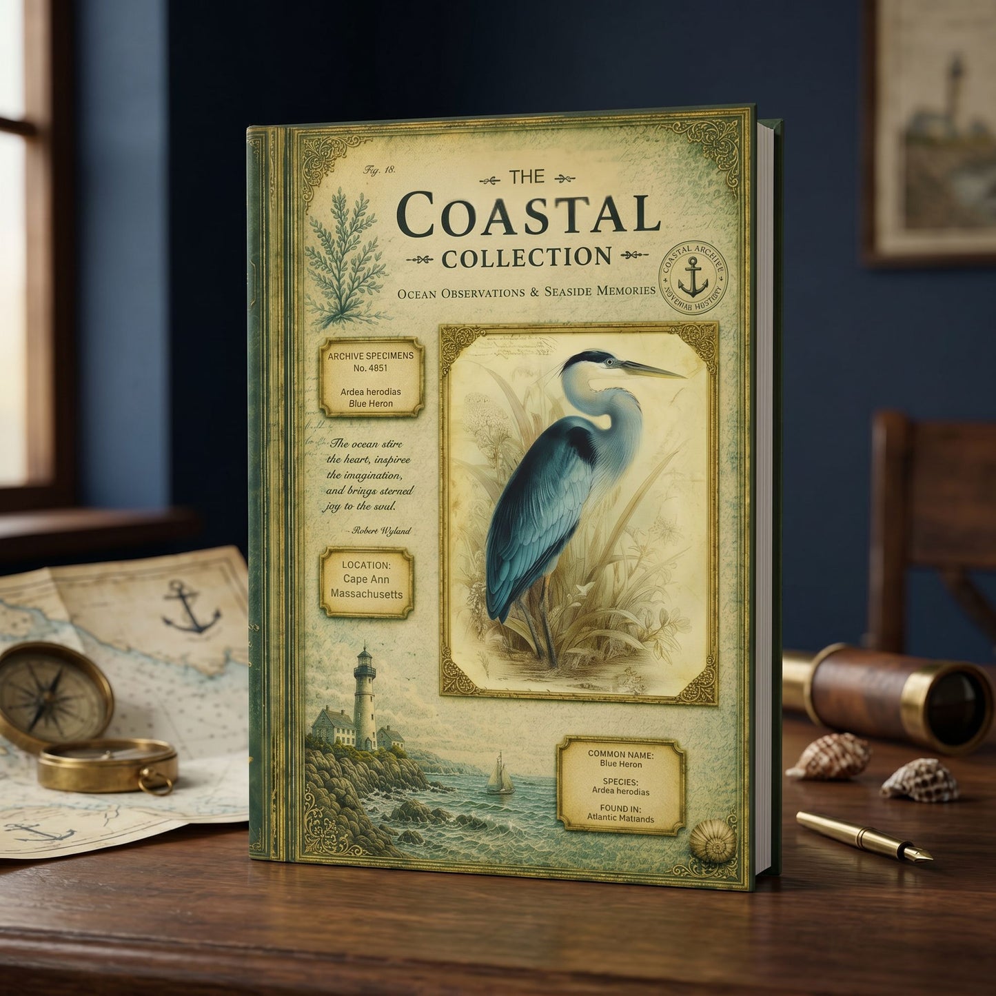 Blue Heron Coastal Journal, Personalized Nature Notebook, Natural History Journal, Bird Lover Gift, Hardcover Writing Journal