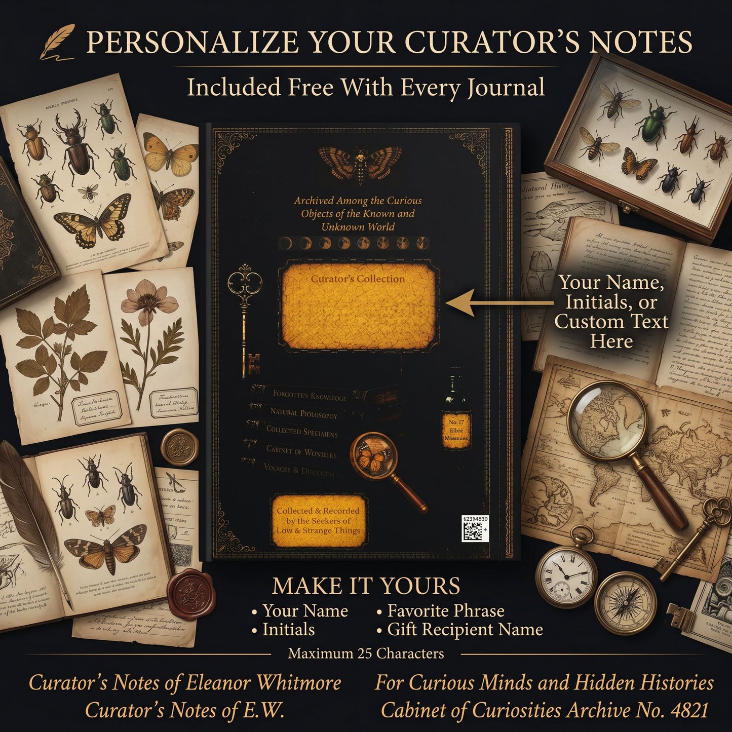 Explorer's Compass Journal, Dark Academia Natural History Notebook, Cabinet of Curiosities Gift, Personalized Writing Journal