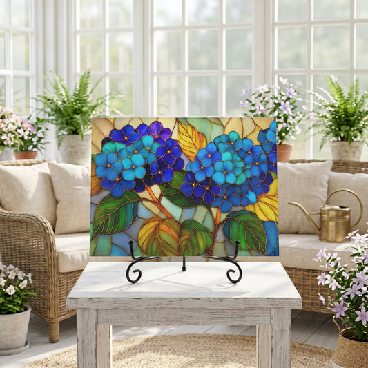 Blue Hydrangea Botanical Glass Art Panel, Floral Tempered Glass Wall Decor, Cottage Garden Accent