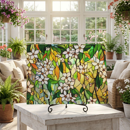 Jasmine Botanical Glass Art Panel, Floral Tempered Glass Wall Decor, Cottage Garden Accent