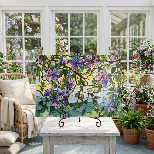 Clematis Botanical Glass Art Panel, Floral Tempered Glass Wall Decor, Cottage Garden Accent