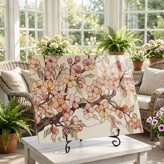 Cherry Blossom Botanical Glass Art Panel, Floral Tempered Glass Wall Decor, Cottage Garden Accent
