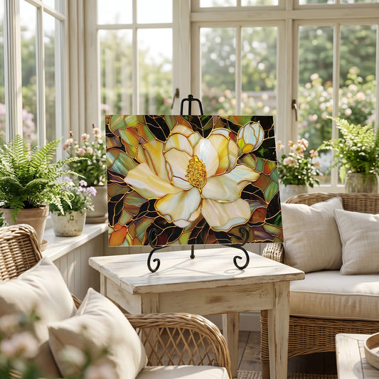 Magnolia Botanical Glass Art Panel, Floral Tempered Glass Wall Decor, Cottage Garden Accent