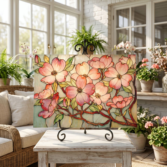 Pink Dogwood Botanical Glass Art Panel, Floral Tempered Glass Wall Decor, Cottage Garden Accent