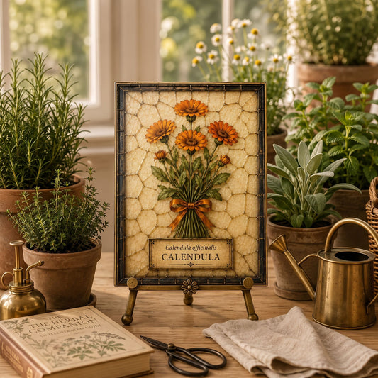 Calendula Tempered Glass Art Panel | Botanical Herb Decor | Cottage Apothecary Art | English Cottage Home Decor | Herbalist Gift