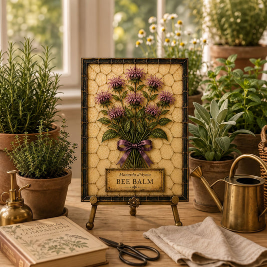 Bee Balm Tempered Glass Art Panel | Botanical Herb Decor | Cottage Apothecary Art | English Cottage Home Decor | Herbalist Gift
