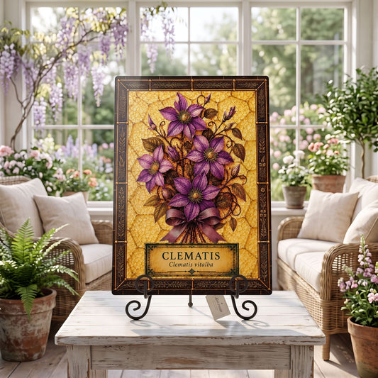 Clematis Botanical Glass Art Panel  | Tempered Botanical Wall Art | Cottage Kitchen Decor | Botanical Gift | Nature Inspired Home