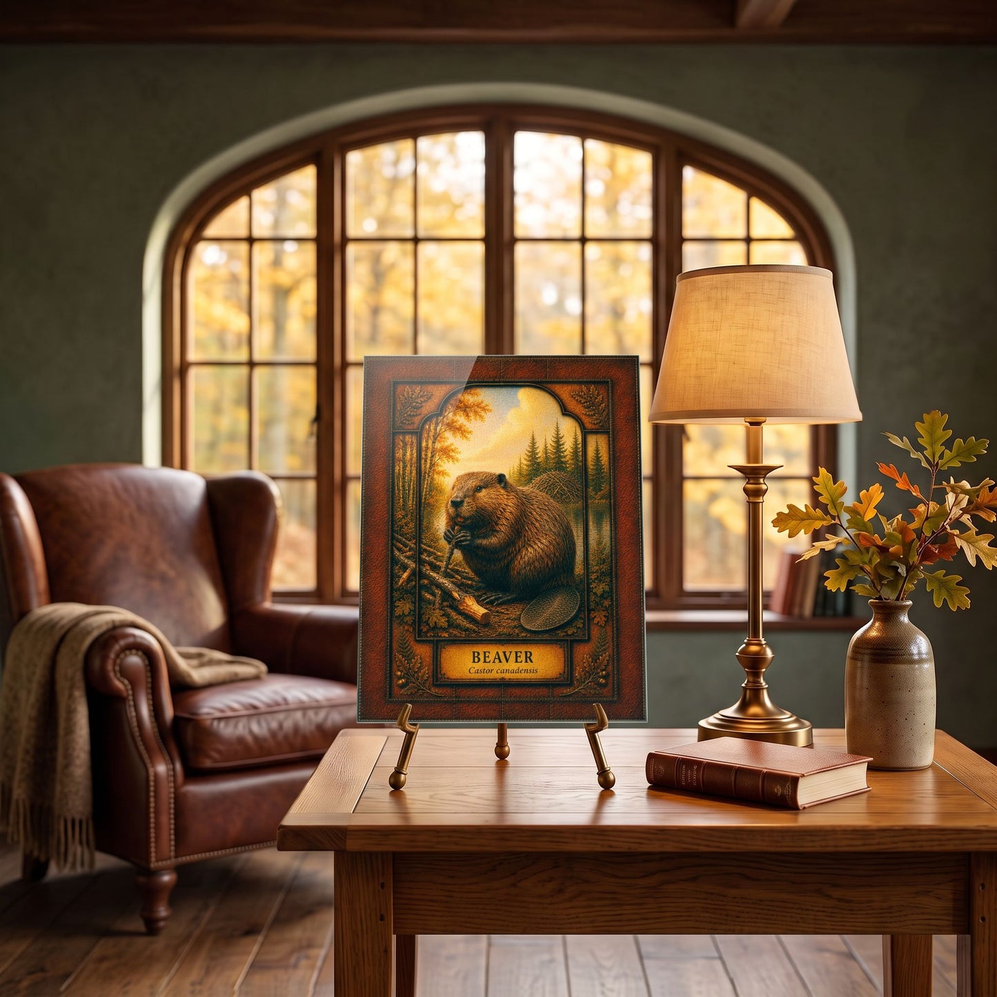 Beaver Woodland Tempered Glass Art Panel | Rustic Wildlife Decor | Forest Nature Art | Cabin & Lodge Home Decor | Nature Lover Gift