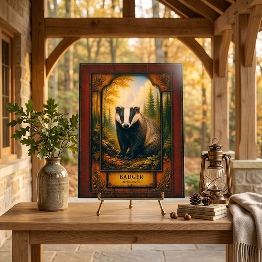 Badger Woodland Tempered Glass Art Panel | Rustic Wildlife Decor | Forest Nature Art | Cabin & Lodge Home Decor | Nature Lover Gift