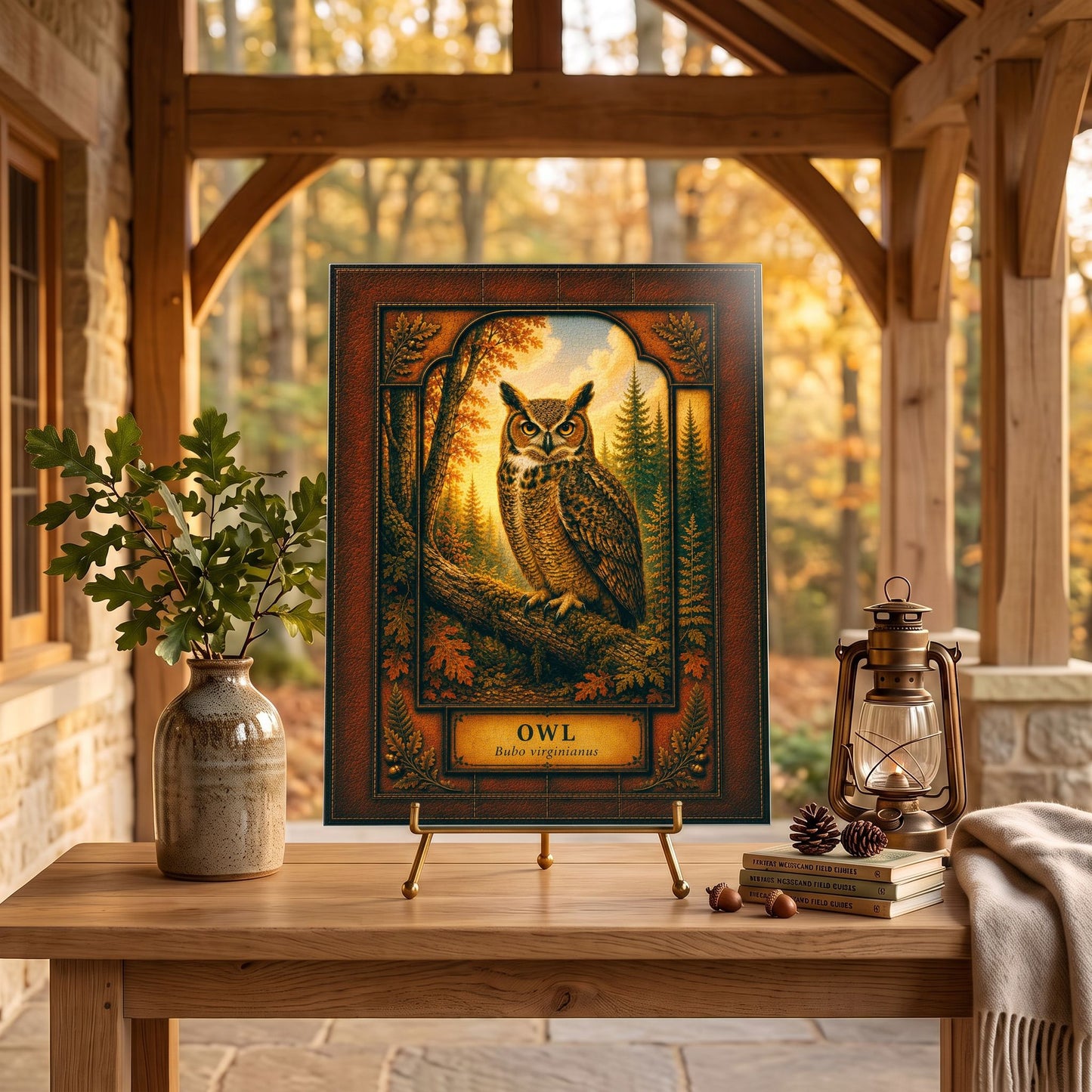 Great Horned Owl Woodland Tempered Glass Art Panel | Rustic Wildlife Decor | Forest Nature Art | Cabin Lodge Home Decor | Nature Lover Gift