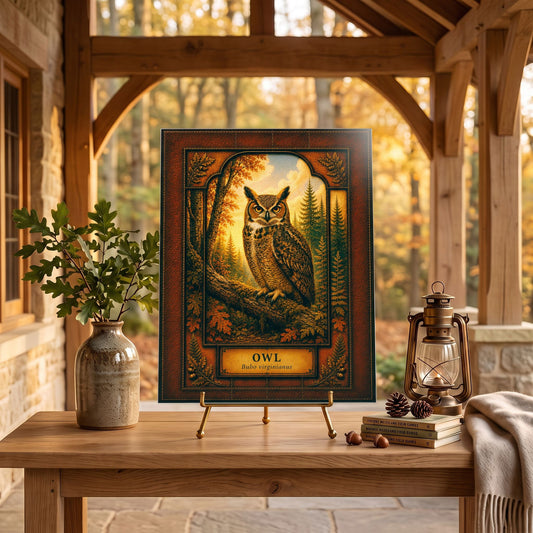 Great Horned Owl Woodland Tempered Glass Art Panel | Rustic Wildlife Decor | Forest Nature Art | Cabin Lodge Home Decor | Nature Lover Gift