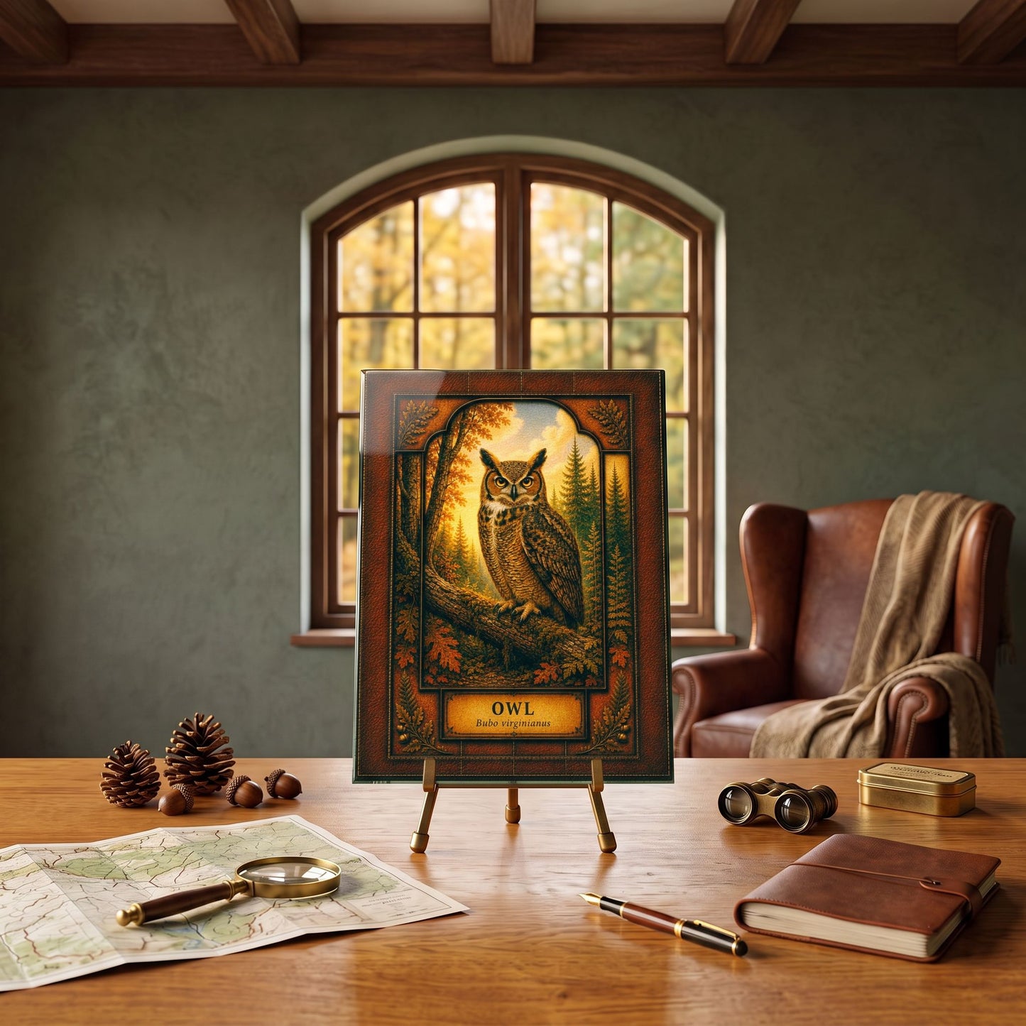 Great Horned Owl Woodland Tempered Glass Art Panel | Rustic Wildlife Decor | Forest Nature Art | Cabin Lodge Home Decor | Nature Lover Gift