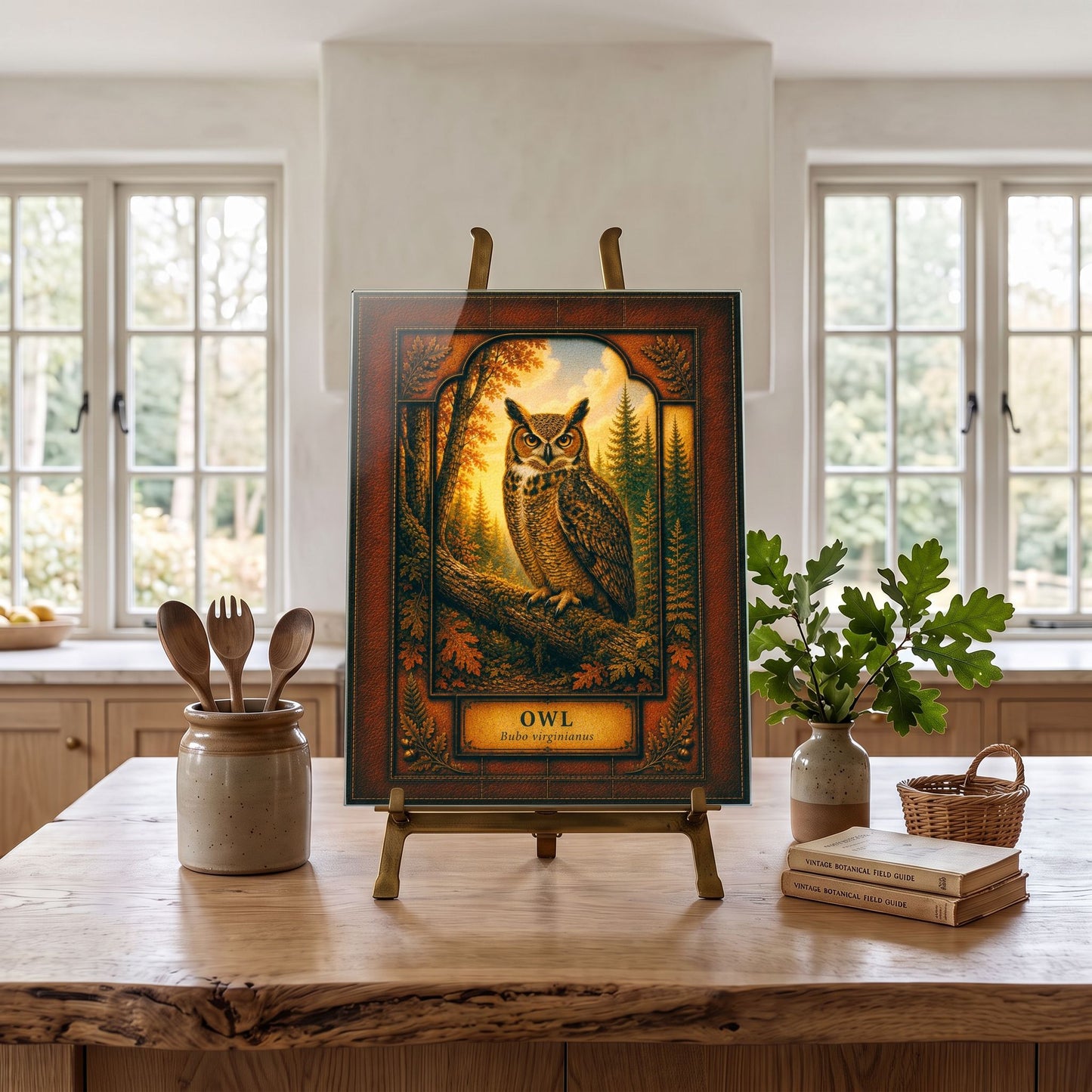 Great Horned Owl Woodland Tempered Glass Art Panel | Rustic Wildlife Decor | Forest Nature Art | Cabin Lodge Home Decor | Nature Lover Gift