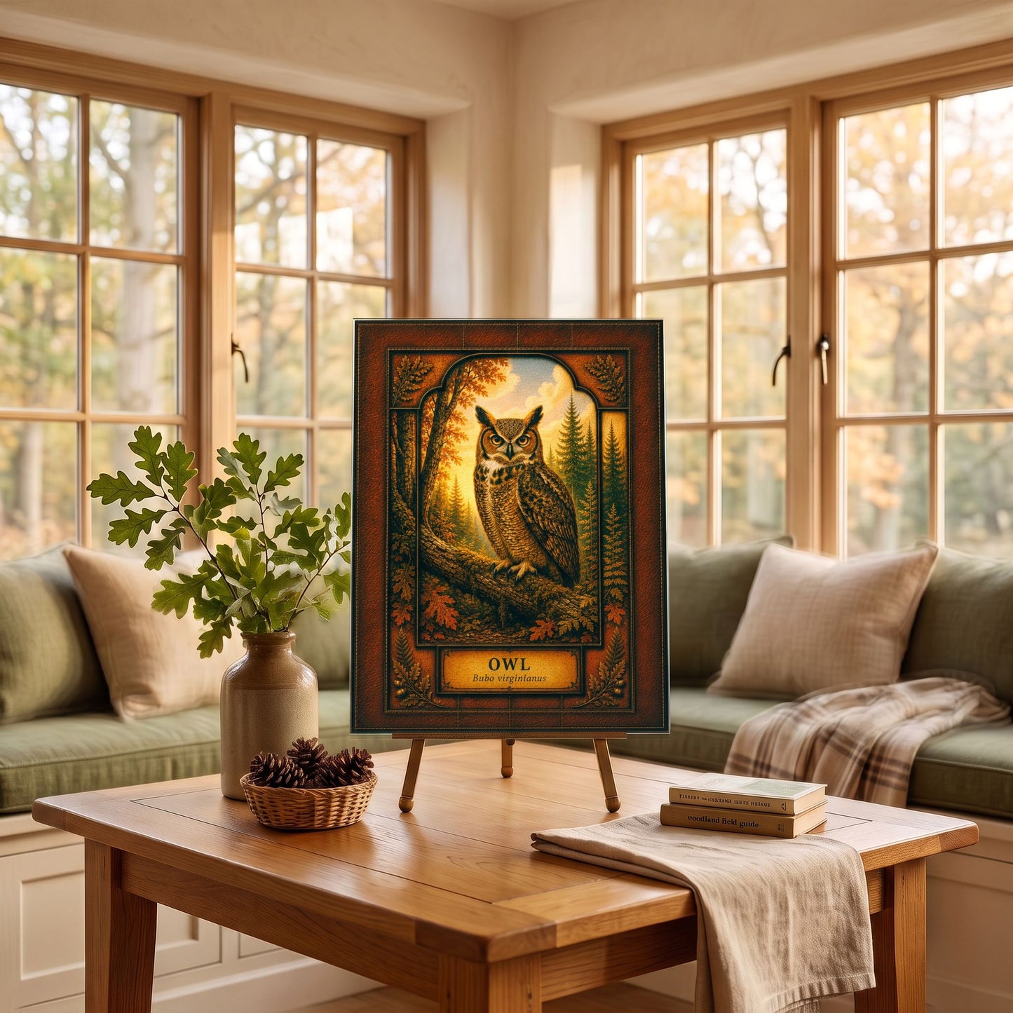 Great Horned Owl Woodland Tempered Glass Art Panel | Rustic Wildlife Decor | Forest Nature Art | Cabin Lodge Home Decor | Nature Lover Gift