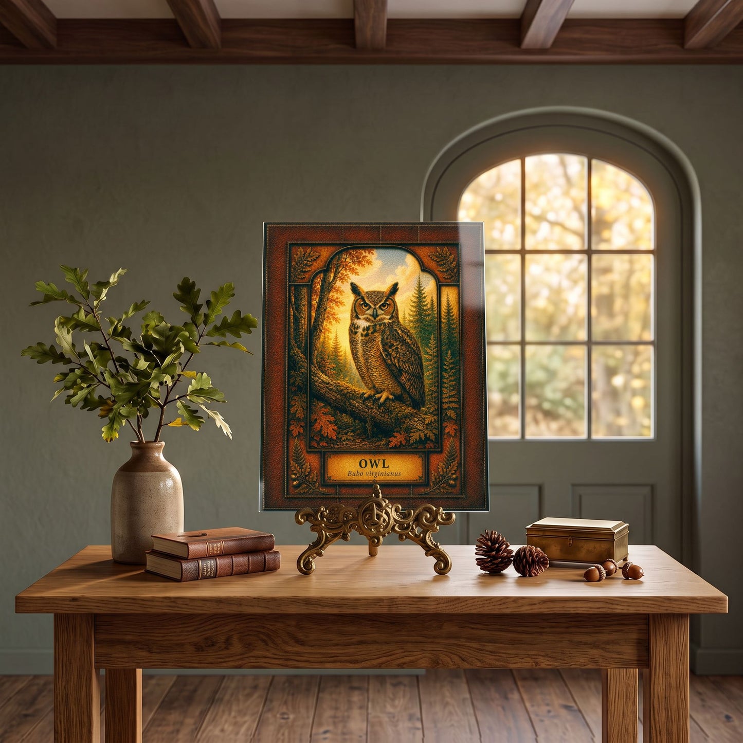Great Horned Owl Woodland Tempered Glass Art Panel | Rustic Wildlife Decor | Forest Nature Art | Cabin Lodge Home Decor | Nature Lover Gift