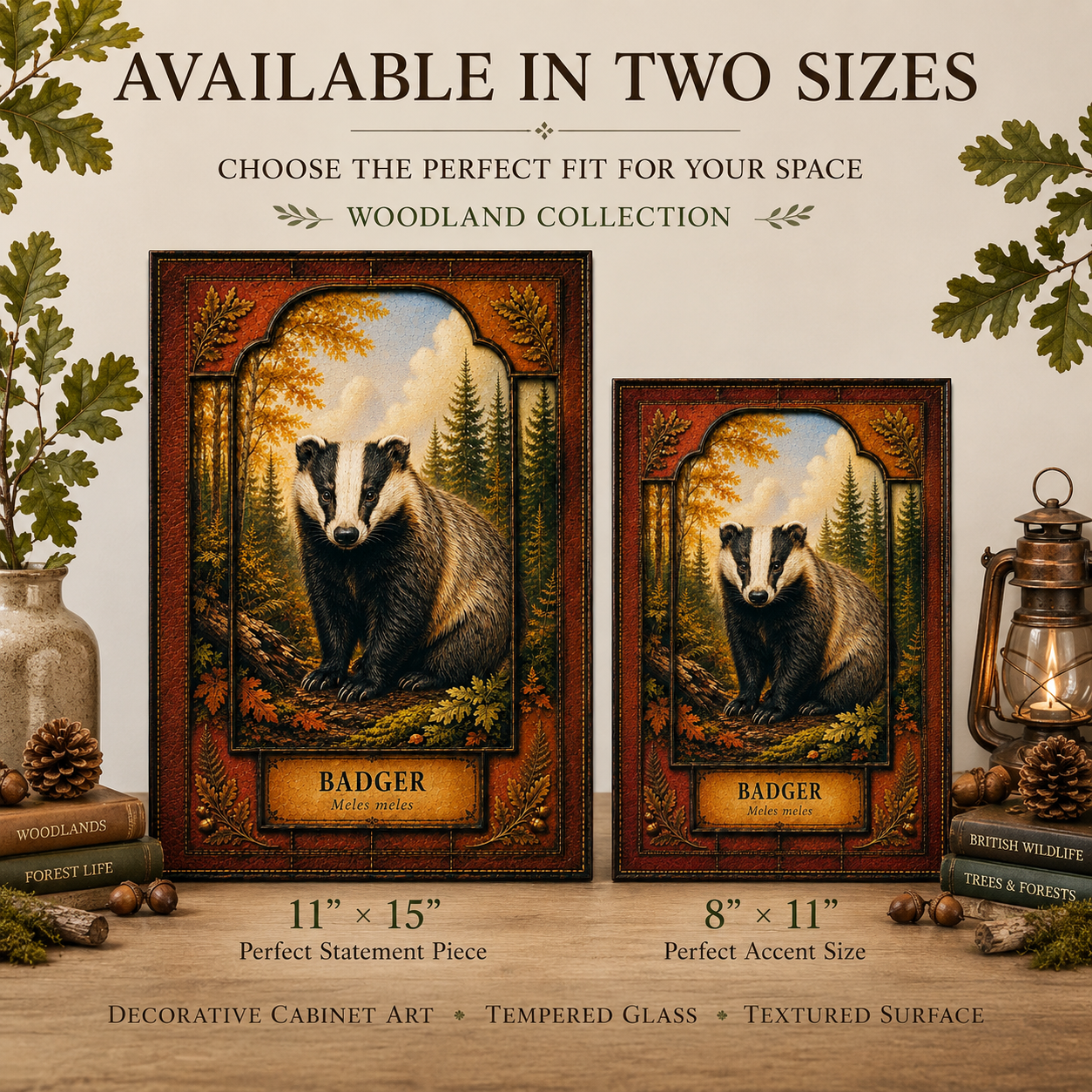 Badger Woodland Tempered Glass Art Panel | Rustic Wildlife Decor | Forest Nature Art | Cabin & Lodge Home Decor | Nature Lover Gift