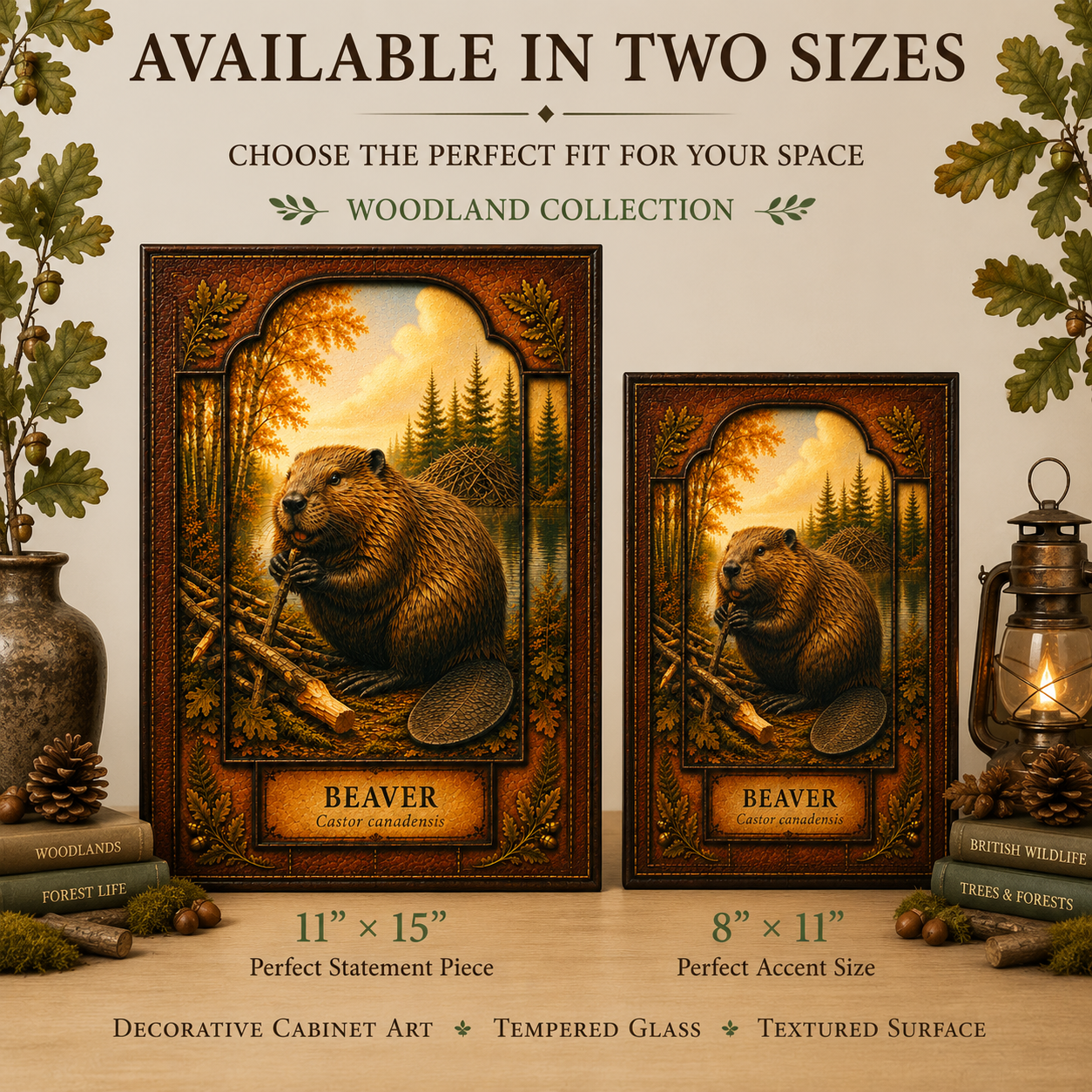 Beaver Woodland Tempered Glass Art Panel | Rustic Wildlife Decor | Forest Nature Art | Cabin & Lodge Home Decor | Nature Lover Gift