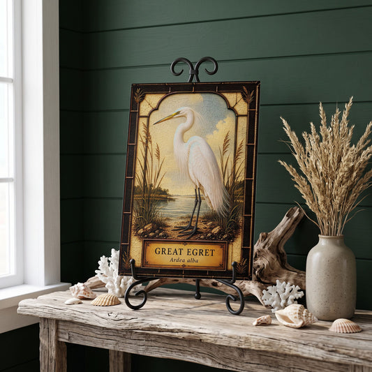 Egret Coastal Bird Glass Art Panel | Tempered Coastal Wall Art | Beach Cottage Decor | Bird Lover Gift | Coastal Home Decor