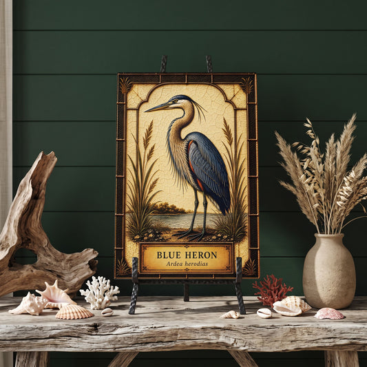Blue Heron Coastal Bird Glass Art Panel | Tempered Coastal Wall Art | Beach Cottage Decor | Bird Lover Gift | Coastal Home Decor
