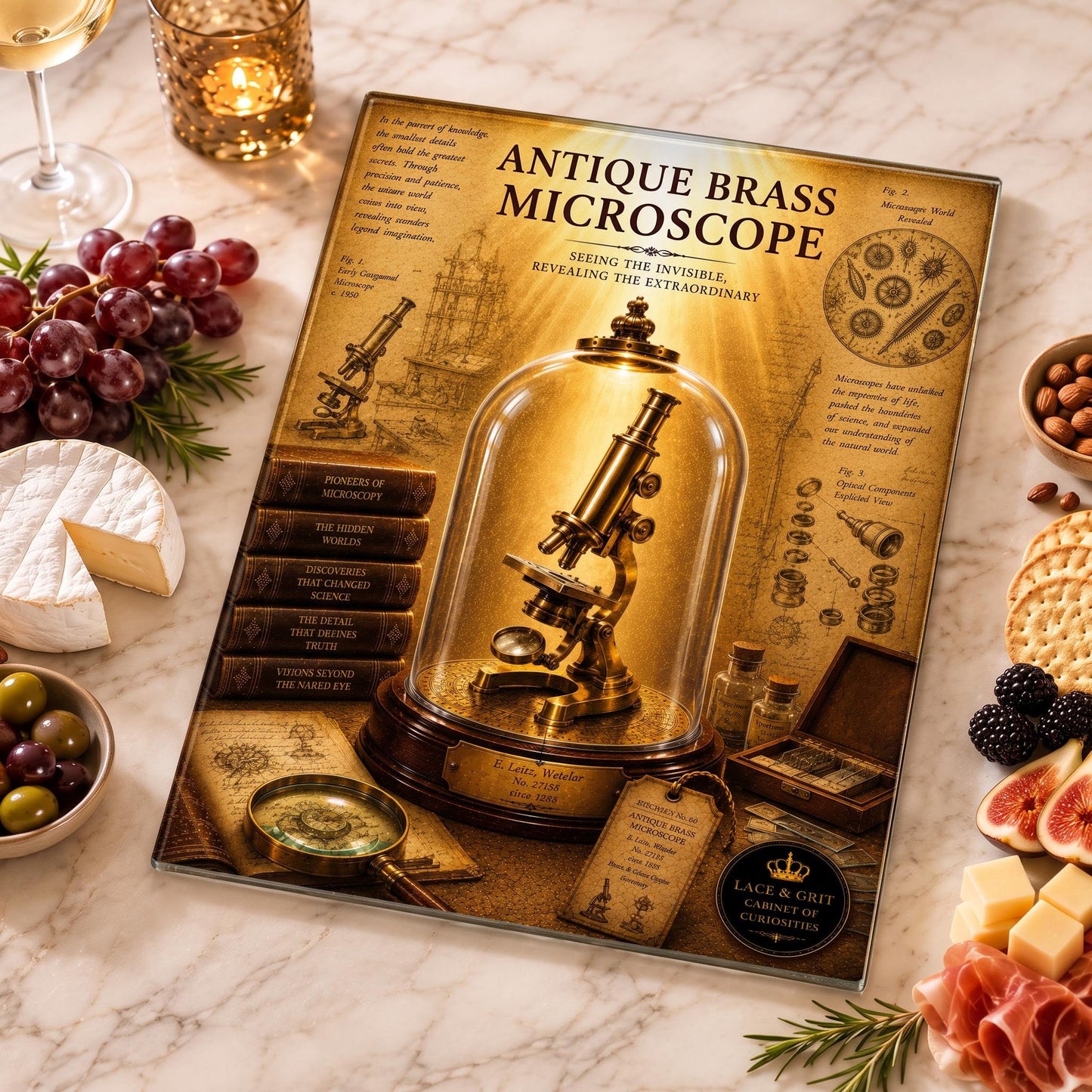 Antique Brass Microscope Tempered Glass Art, Charcuterie Serving Board, Science Decor, Cabinet of Curiosities, Microscope Gift