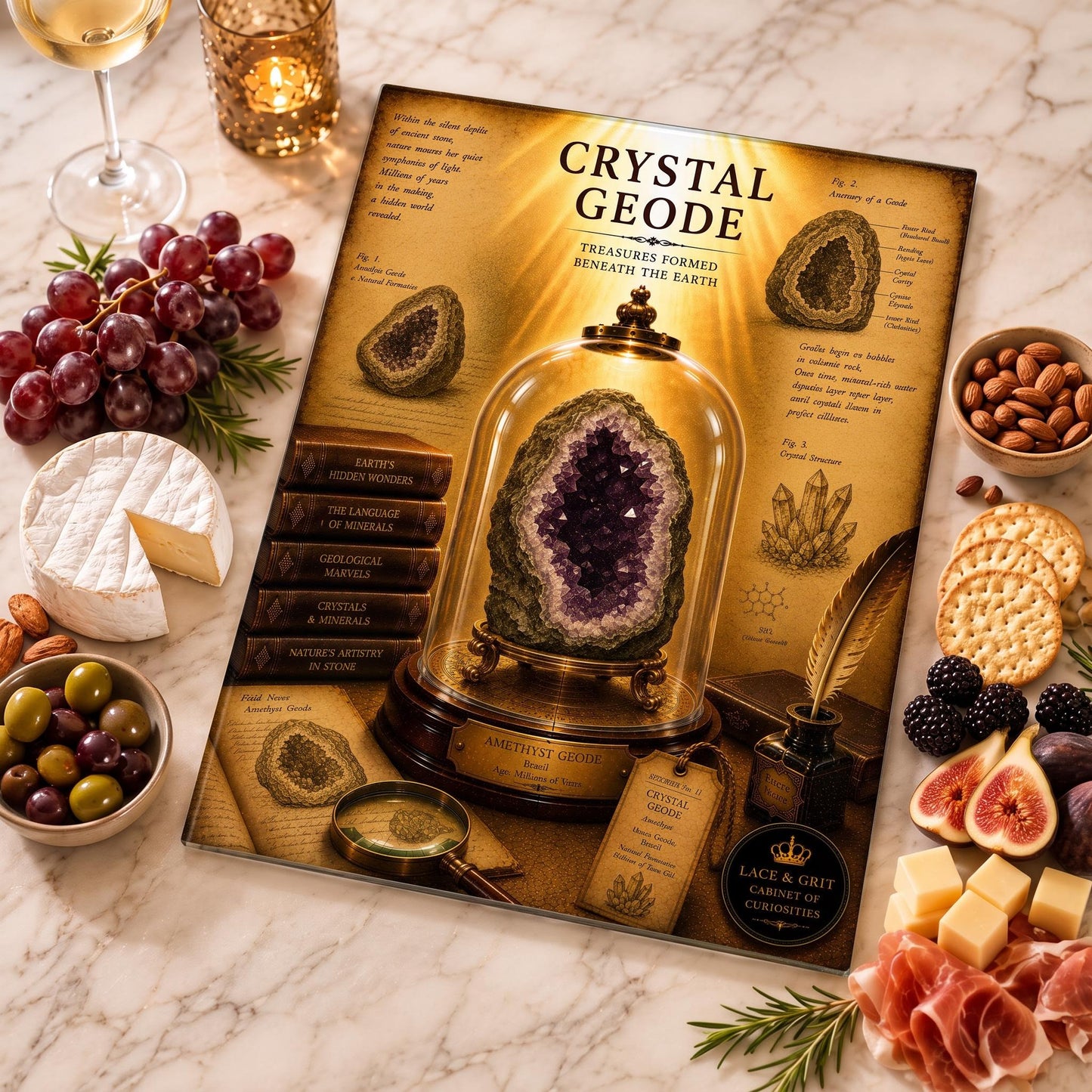 Crystal Geode Tempered Glass Art, Charcuterie Serving Board, Mineral Specimen Decor, Cabinet of Curiosities, Geology Gift