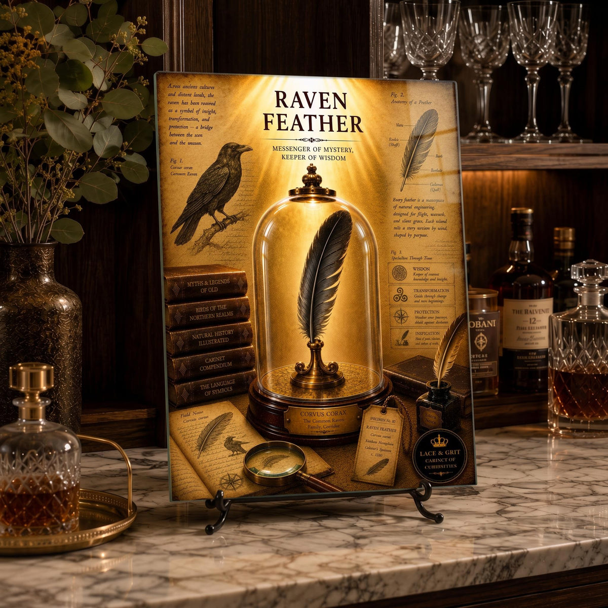 Raven Feather Glass Charcuterie Board, Tempered Glass Art, Gothic Raven Decor, Cabinet of Curiosities, Raven Lover Gift