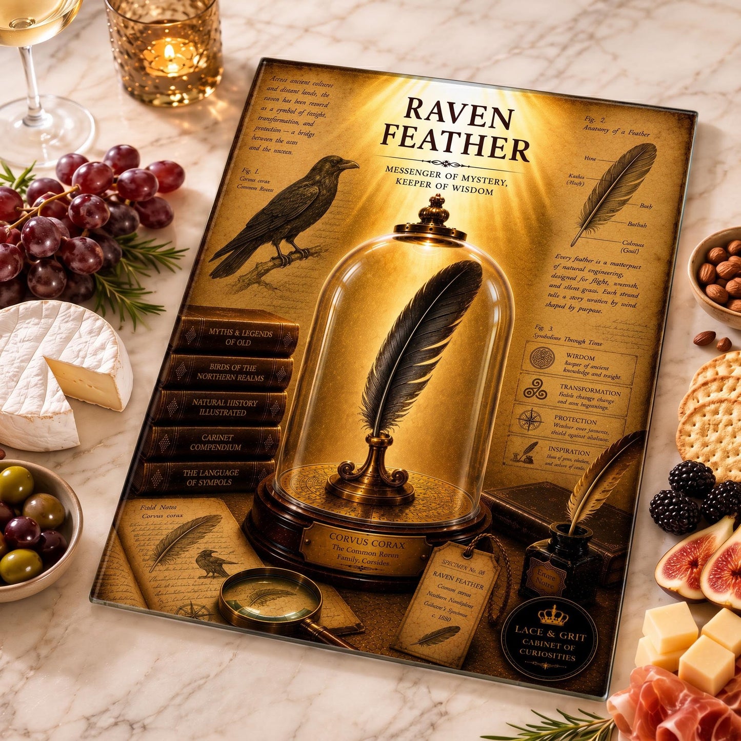 Raven Feather Glass Charcuterie Board, Tempered Glass Art, Gothic Raven Decor, Cabinet of Curiosities, Raven Lover Gift