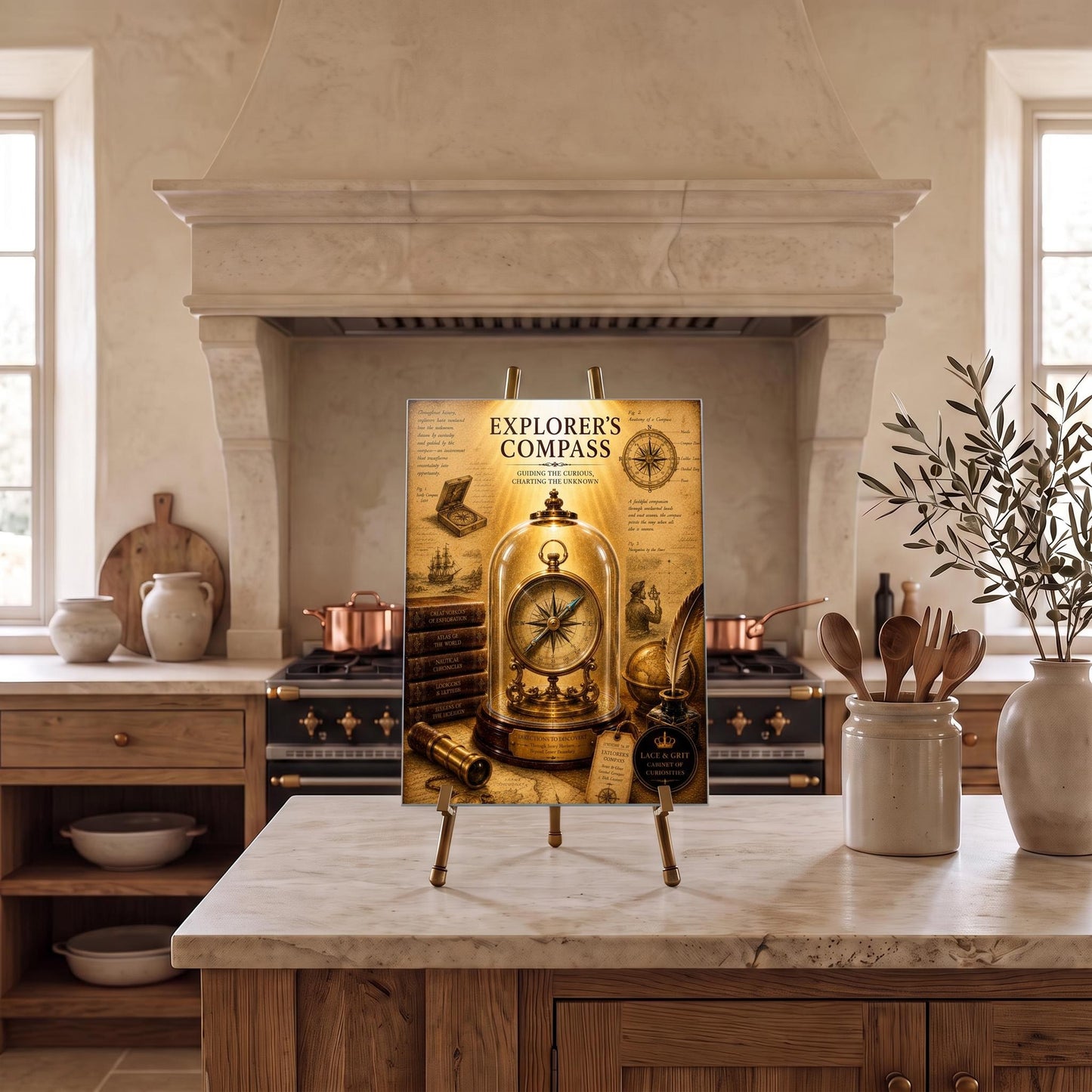 Explorer's Compass Tempered Glass Art, Charcuterie Serving Board, Navigation Decor, Cabinet of Curiosities, Explorer Gift