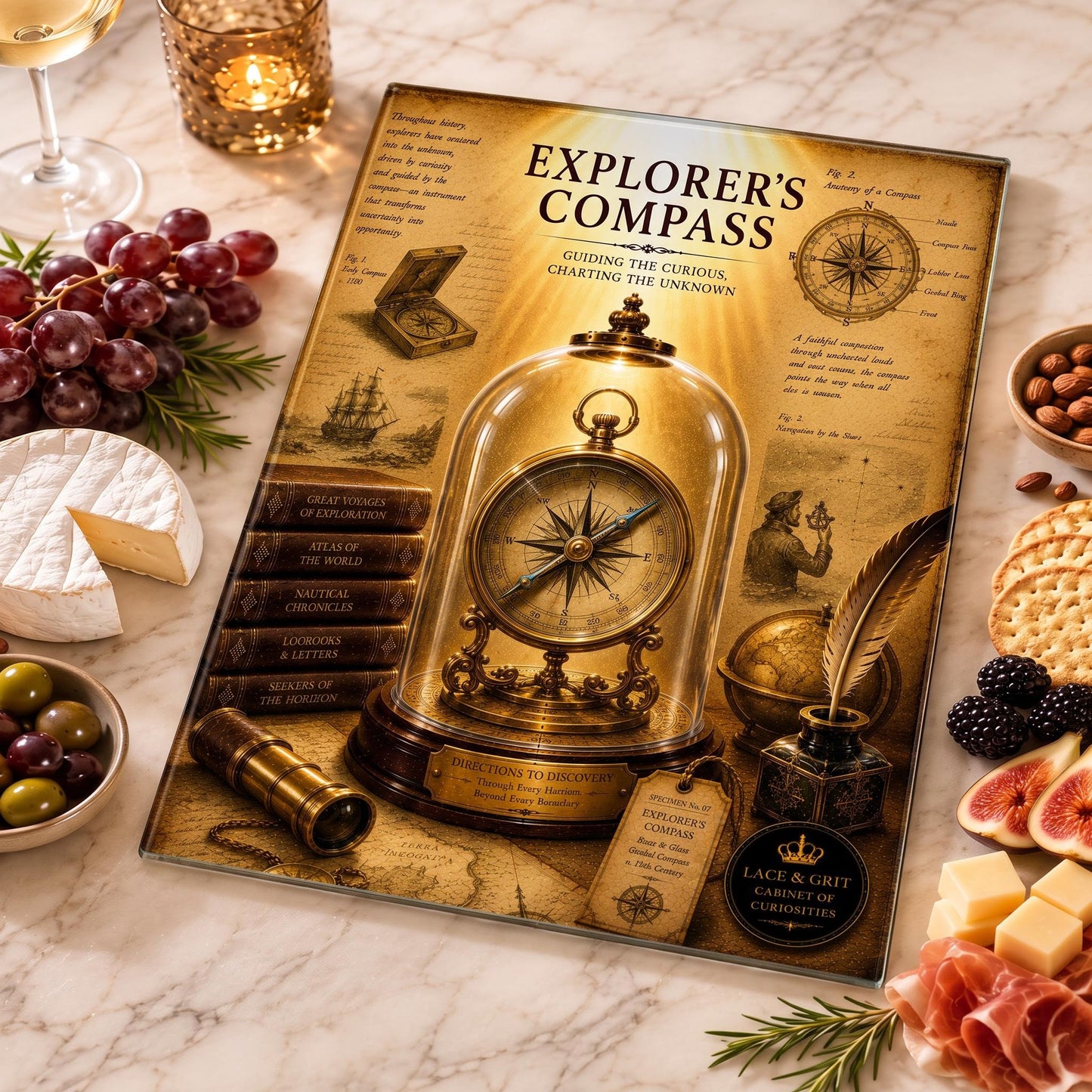 Explorer's Compass Tempered Glass Art, Charcuterie Serving Board, Navigation Decor, Cabinet of Curiosities, Explorer Gift