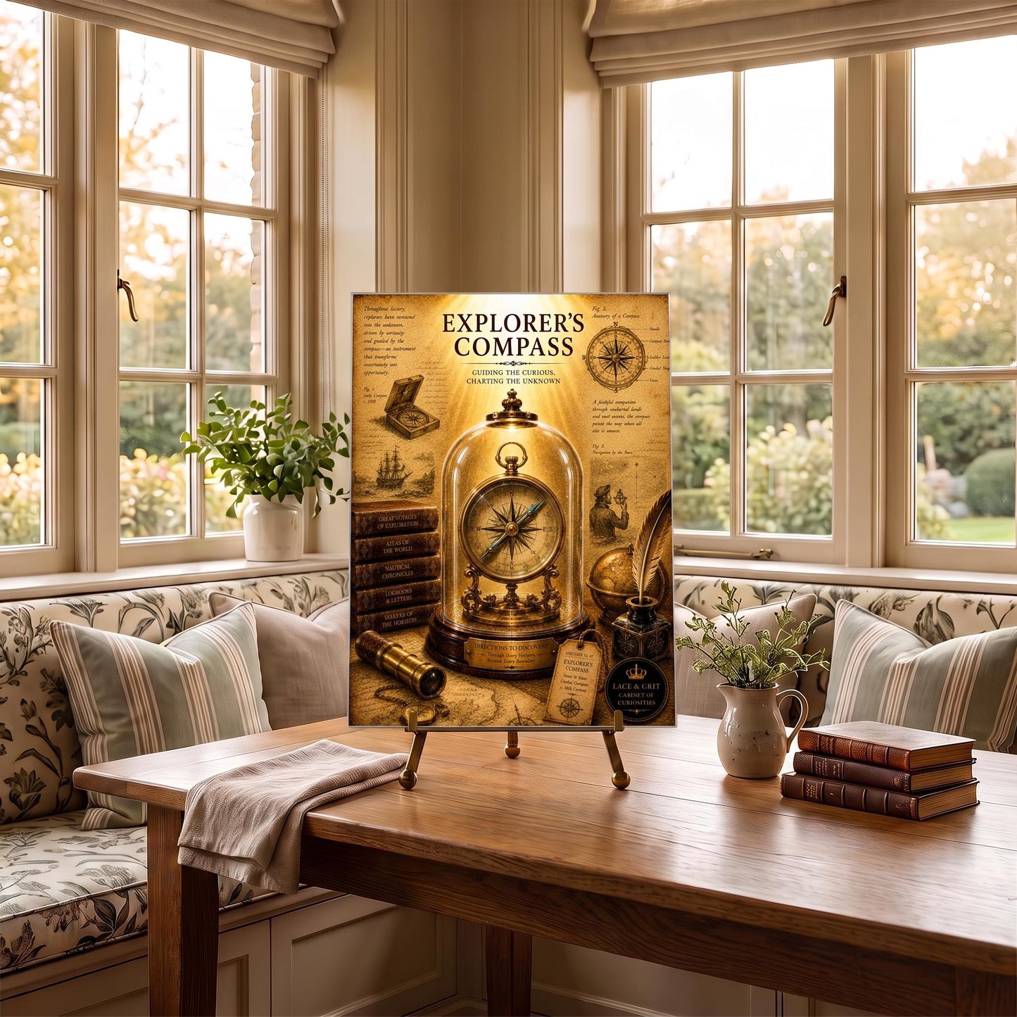 Explorer's Compass Tempered Glass Art, Charcuterie Serving Board, Navigation Decor, Cabinet of Curiosities, Explorer Gift