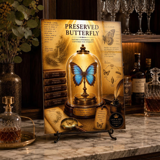 A decorative art print titled 'PRESERVED BUTTERFLY' displayed on a small stand on a marble countertop in a bar-like setting. The print features a blue butterfly under a glass dome with vintage book and scientific illustration details.