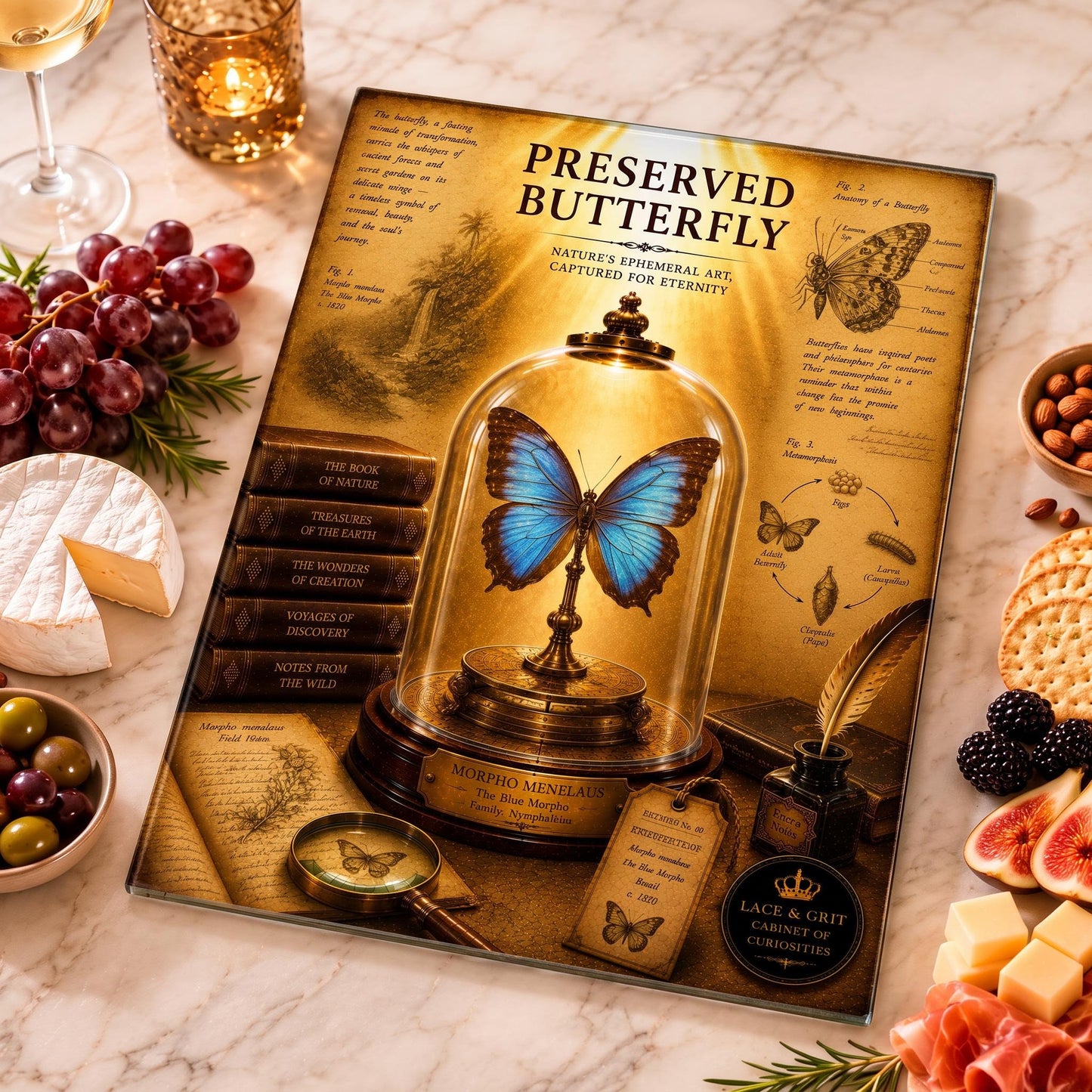 Preserved Butterfly Tempered Glass Art, Charcuterie Serving Board, Entomology Decor, Cabinet of Curiosities, Butterfly Gift