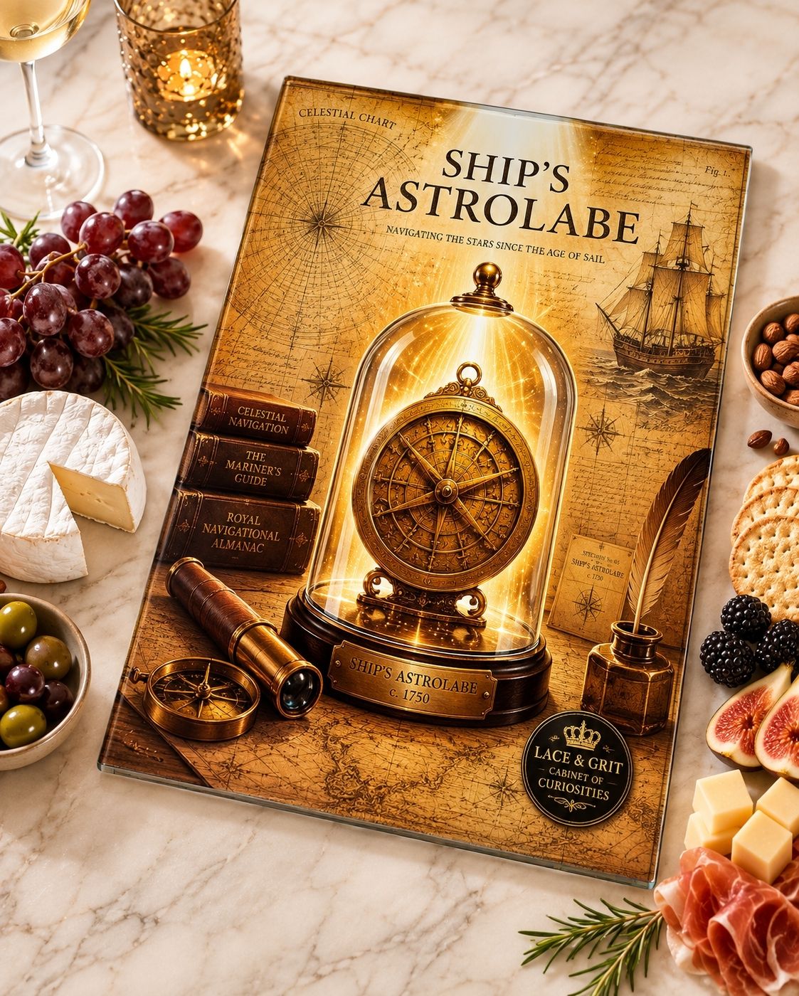 Ships Astrolabe Tempered Glass Art, Charcuterie Serving Board, Nautical Bar Decor, Cabinet of Curiosities, Maritime Gift