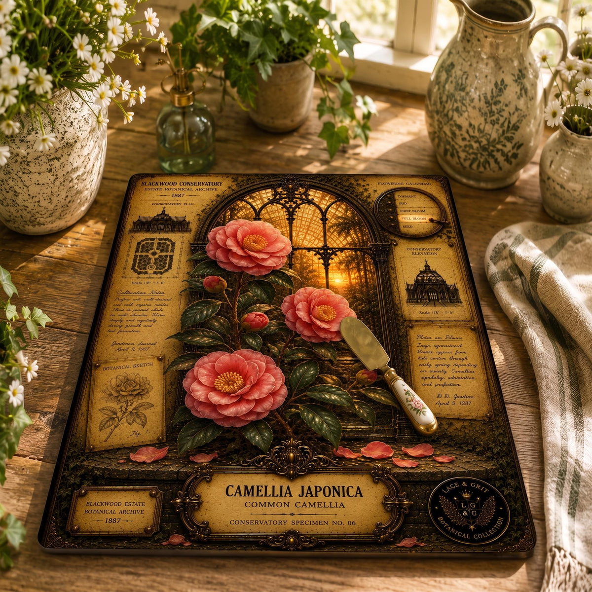 Camellia Tempered Glass Art, Charcuterie Serving Board, Botanical Decor, Camellia Flower Art, Garden Gift