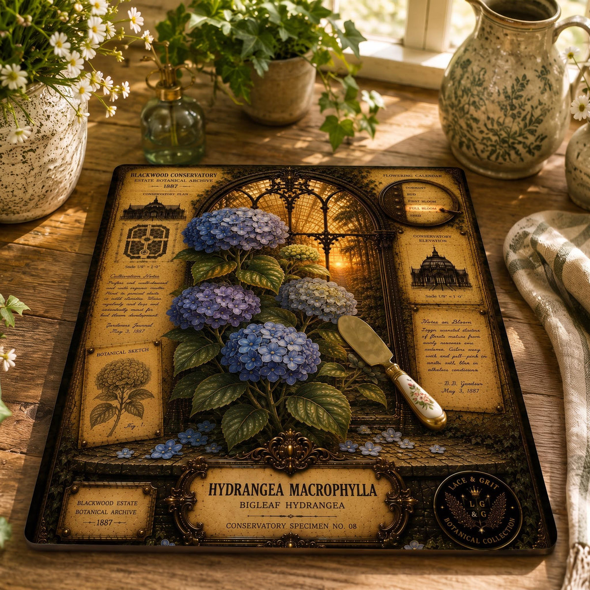 Blue Hydrangea Tempered Glass Art, Charcuterie Serving Board, Botanical Decor, Hydrangea Art, Garden Gift