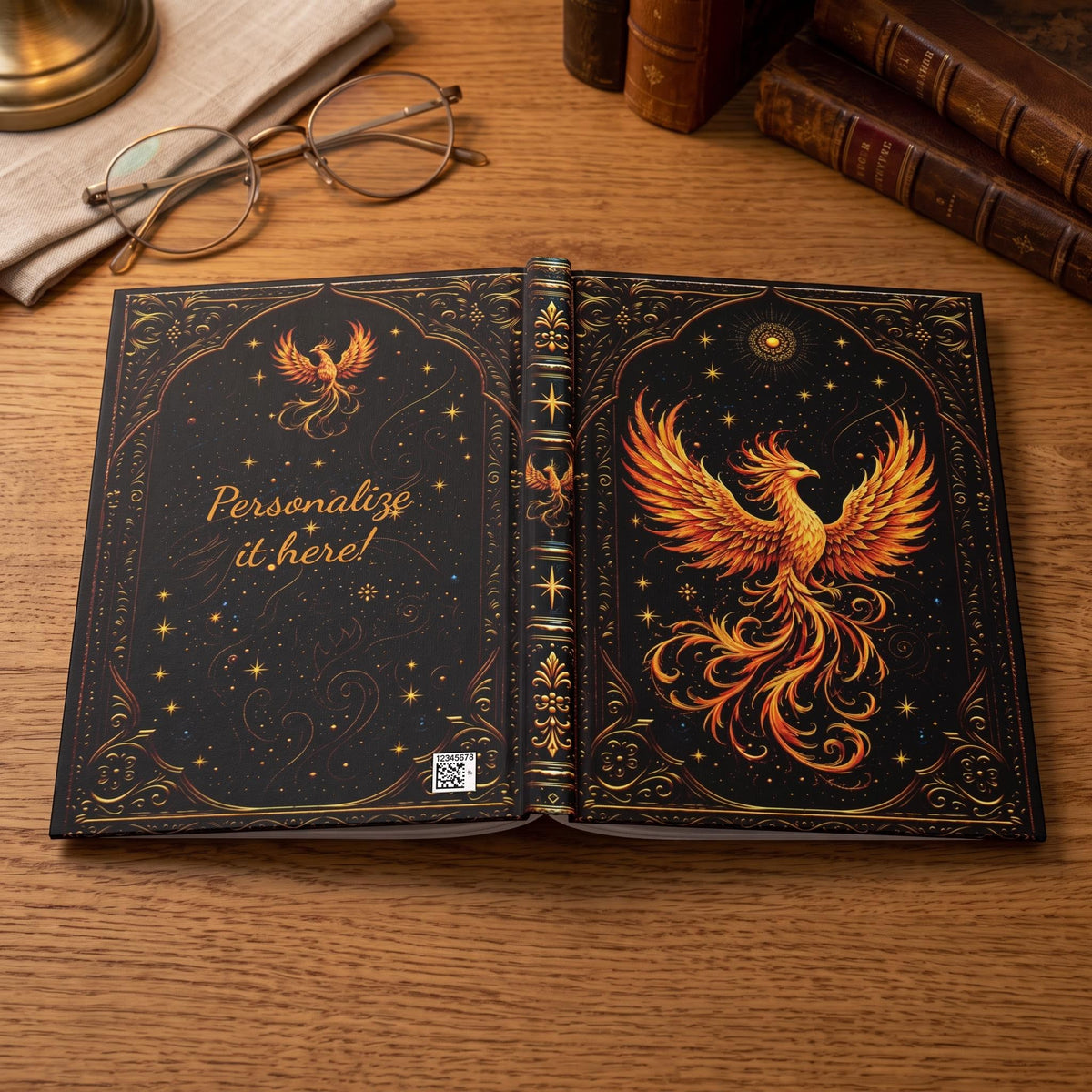Phoenix Hardcover Journal, Personalized Celestial Notebook, Mystical Firebird Gift