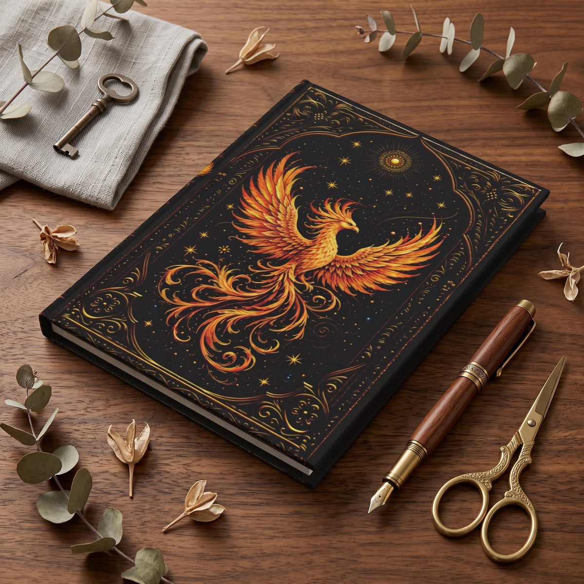 Phoenix Hardcover Journal, Personalized Celestial Notebook, Mystical Firebird Gift