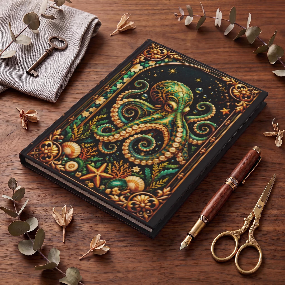 Octopus Hardcover Journal, Personalized Ocean Notebook, Enchanted Marine Gift