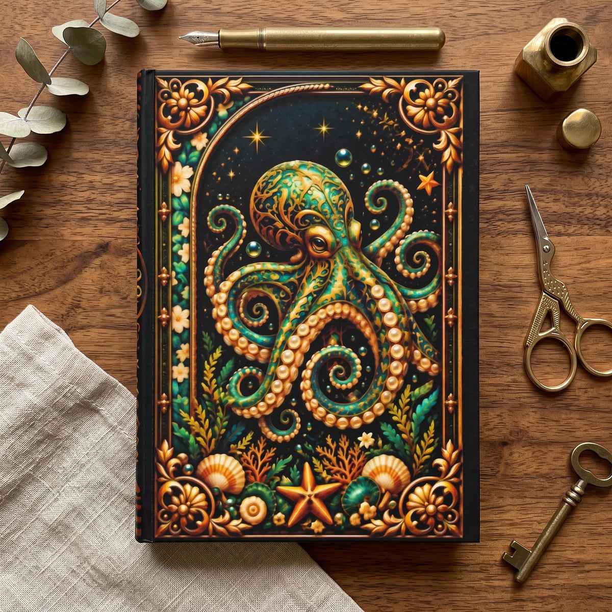 Octopus Hardcover Journal, Personalized Ocean Notebook, Enchanted Marine Gift