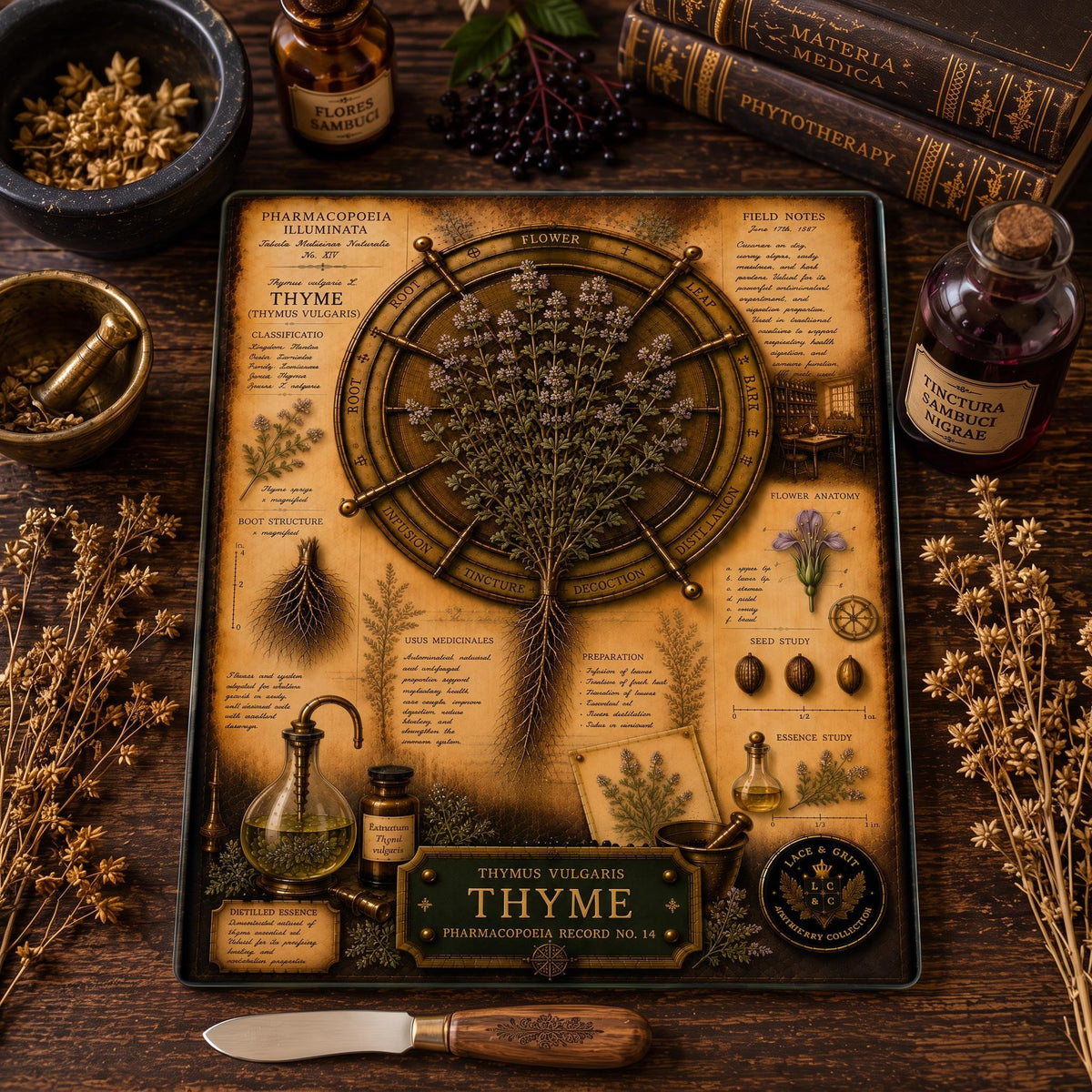 Thyme Tempered Glass Art Board, Apothecary Charcuterie Board, Herbalist Gift