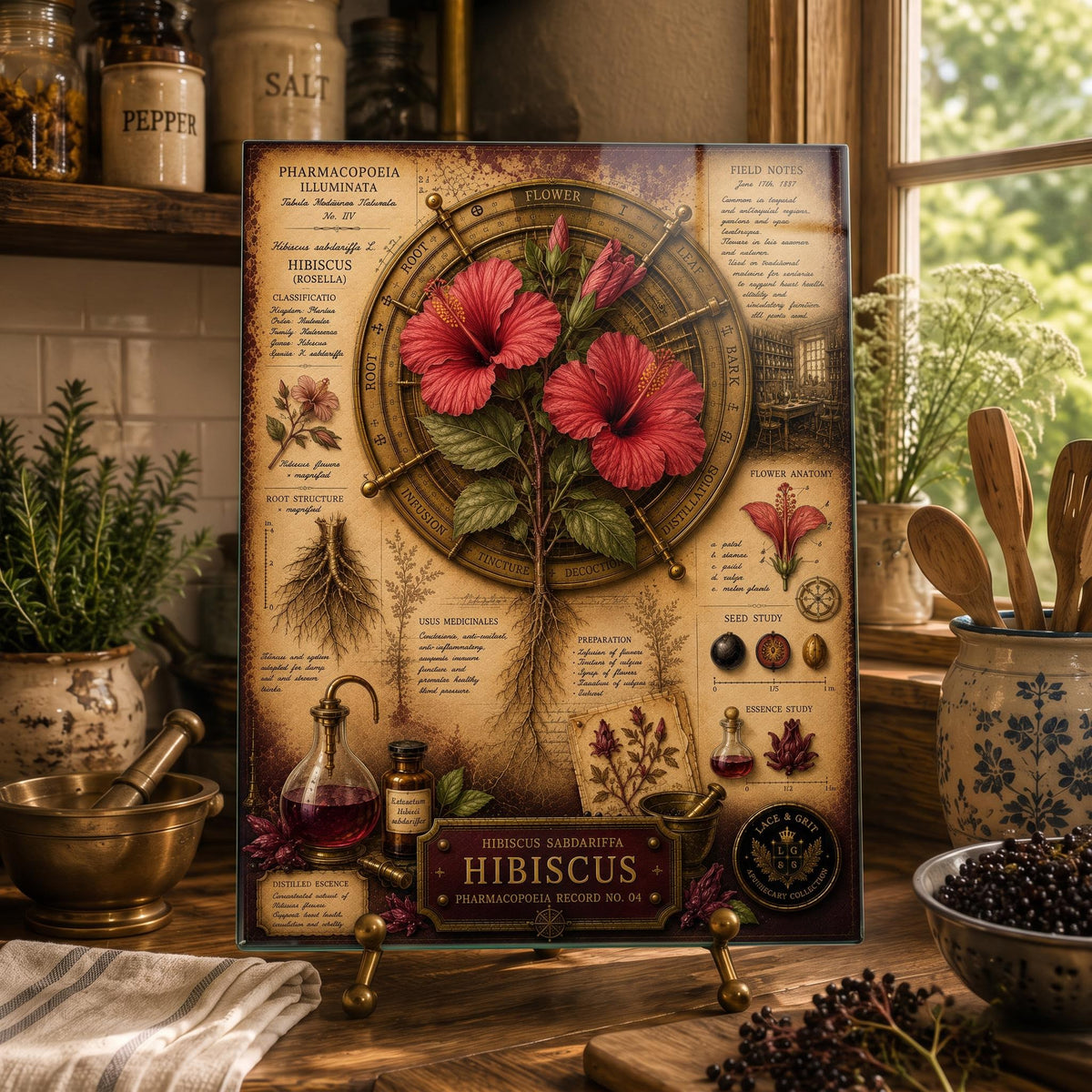 Hibiscus Tempered Glass Art Board, Apothecary Charcuterie Board, Herbalist Gift