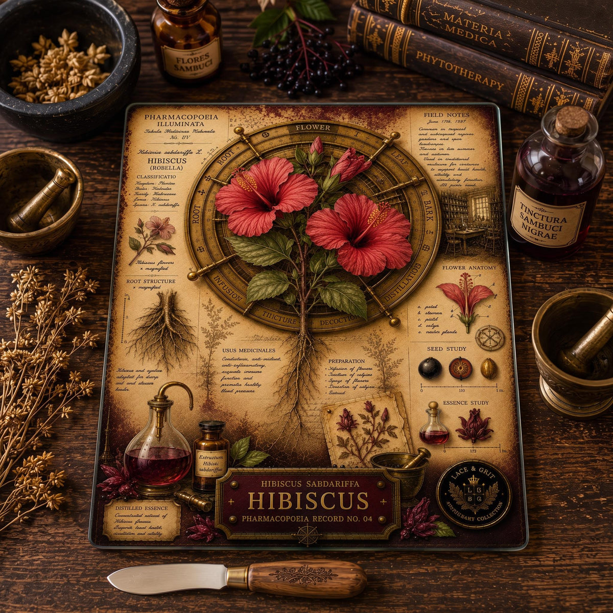 Hibiscus Tempered Glass Art Board, Apothecary Charcuterie Board, Herbalist Gift
